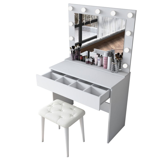 Hanah Home Mesa de Maquillaje con Espejo de 11 Focos y Puff Blanco